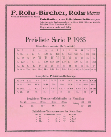 F. Rohr-Bircher Preisliste Reisszeuge